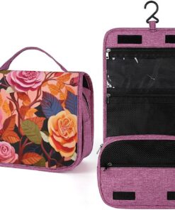 Trousse de toilette avec roses et feuilles pour homme et femme, crochet de suspension portable, trousse de maquillage pour accessoires, shampooing, conteneur pleine grandeur, articles de