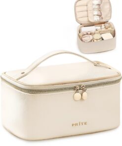 Prite Trousse de Maquillage Femme avec Support à Pinceaux, Beige, Standard | Trousse de Toilette, Vanity Case, Voyage, Multi-Compartiments, Séparateur Amovible, Poignée Solide, Hydrofuge, Cuir Vegan