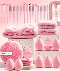Lot de 40 éponges de maquillage et mélangeurs, éponges de maquillage pour le visage avec bandeau, sac à cosmétiques, tampons démaquillants réutilisables et houppettes à poudre (rose)