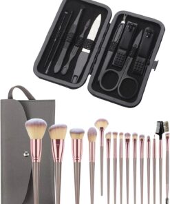 Lot de 15 pinceaux de maquillage synthétiques doux et kit de manucure 9 en 1 en acier inoxydable pour la maison, les voyages, la beauté quotidienne (noir)