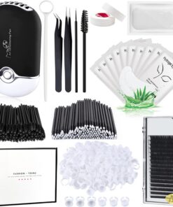 Kit de fournitures d'extension de cils avec cils individuels 0,07D Curl Mix 7-15 mm USB Ventilateur de cils Sèche-cils Patch Gel Silicone Support Pince à épiler Miroir Jetable Mascara Brosse Mini