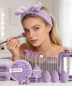 Lot de 47 pinceaux de maquillage professionnels avec 40 pièces, outils cosmétiques y compris éponges, bandeau et accessoires de nettoyage, kit complet pour la beauté quotidienne (violet)