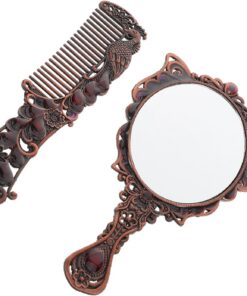 Ensemble Miroir à Main Vintage Rouge Antique avec Peigne en Métal, Miroir de Poche Compact pour Voyage et Maquillage, Accessoire Pratique et Délicat pour Beauté Quotidienne