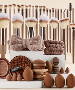 Lot de 55 pinceaux de maquillage, bandeau et bracelets, éponges de beauté | Houppettes et bol de nettoyage pour pinceaux, marron