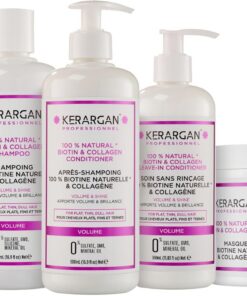 Kerargan - Ensemble Volumisant Shampoing, Après-shampoing, Masque, Sérum & Leave-In Biotine & Collagène - pour Cheveux Plats, Fins et Ternes - Sans Sulfate, OGM, Silicone - 3x500ml+1x100ml+1x350ml | Shampoing, après-shampoing, masque, sérum et soin sans rinçage, routine volume complète