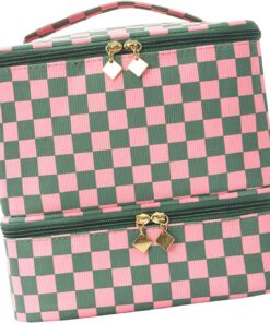 Trousse de maquillage à carreaux spacieuse avec 2 couches séparées, idéale pour les produits de manucure et les articles de beauté, trousse à cosmétiques à cadre vintage