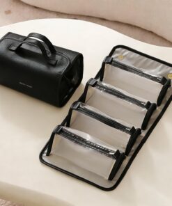 Trousse de Toilette de Voyage pour Femme, Grand Organisateur de Maquillage à Suspendre avec 4 Compartiments Amovibles, Trousse de Maquillage en Cuir imperméable pour Accessoires de Voyage et
