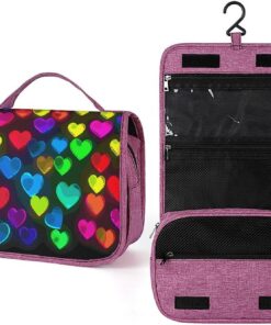 Trousse de toilette motif cœurs arc-en-ciel pour homme et femme, sac de maquillage portable à crochet de suspension, trousse de maquillage pour accessoires, shampooing, conteneur pleine
