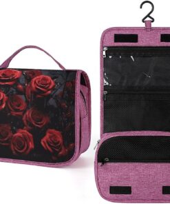 Trousse de toilette avec photo rose rouge pour homme et femme, trousse de maquillage portable à crochet de suspension, trousse de maquillage pour accessoires, shampooing, conteneur pleine