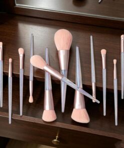 Lot de 12 pinceaux de maquillage synthétiques à manches transparents, virole or rose pour poudre, blush, anti-cernes, fard à paupières, outils cosmétiques pour la coiffeuse, l'emballage de voyage