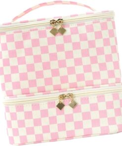 Trousse de maquillage à carreaux spacieuse avec 2 couches séparées, idéale pour les produits de manucure et les articles de beauté, trousse à cosmétiques à cadre vintage