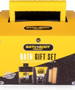 Accentra Coffret cadeau Bath + Body Toolkit pour homme, gel douche 400 ml, gommage pour les mains 50 ml et brosse à ongles en bois emballés dans une mallette à outils cool