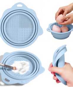 Nettoyeur de pinceaux de maquillage, bol de nettoyage pliable en silicone avec surface multi-textures, outil de lavage portable pour houppette, éponge, bleu
