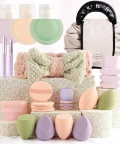 Ensemble complet d'éponges de maquillage et d'accessoires, éponges de maquillage multifonctionnelles, houppette à poudre, bandeau, trousse de maquillage de voyage, kit d'outils de maquillage pour fond