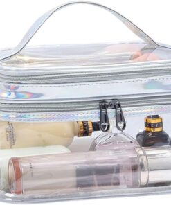 Vanity transparente – Trousse de maquillage pour | Rangement double | couche avec bouclier imperméable et compartiments de rangement spacieux pour articles de toilette, soins de la peau, outils