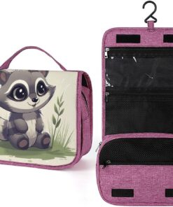 Trousse de toilette pour homme et femme, motif raton laveur sur l'herbe, trousse de maquillage portable à crochet de suspension, trousse de maquillage pour accessoires, shampooing, conteneur