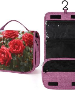 Trousse de toilette pour homme et femme, motif roses rouges dans le jardin, trousse de maquillage portable à crochet de suspension, trousse de maquillage pour accessoires, shampooing