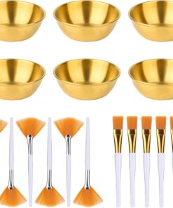 Lot de 18 accessoires de maquillage pour esthéticienne, comprenant 6 bols en acier inoxydable doré, 6 brosses éventails et 6 brosses plates, ensemble de bols mélangeurs professionnels pour masque