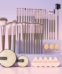 Lot de 40 pinceaux de maquillage avec houppettes à poudre et éponges de nettoyage – Kit de pinceaux cosmétiques synthétiques doux pour fond de teint, blush, fard à paupières, anti-cernes, soin de la