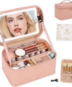 Trousse de maquillage avec miroir LED, trousse de maquillage de voyage légère avec 3 réglages de couleur, miroir lumineux, organiseur de maquillage pour femme, accessoires d'outils de beauté, étui de