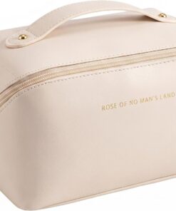 Trousse de maquillage de voyage, grande capacité, taie d'oreiller blanc crème, trousse de toilette étanche en cuir PU, trousse de beauté de voyage portable avec séparateurs pour soins de la peau et