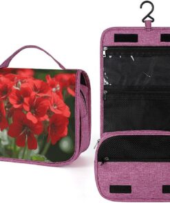 Trousse de toilette en géraniums rouges pour homme et femme, sac de maquillage portable à crochet de suspension, trousse de maquillage pour accessoires, shampooing, conteneur pleine grandeur
