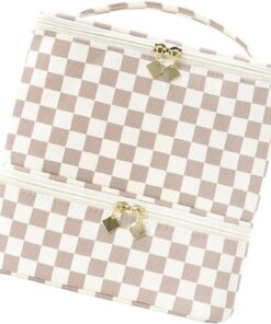 Trousse de maquillage à carreaux spacieuse avec 2 couches séparées, idéale pour les produits de manucure et les articles de beauté, trousse à cosmétiques à cadre vintage