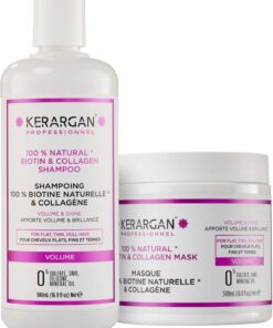 Kerargan - Duo Volumisant Shampoing & Masque Capillaire à la Biotine & Collagène pour Cheveux Plats, Fins et Ternes - Booste Éclat & Densité - Sans Sulfate, OGM, Silicone, Huile Minérale - 2x500ml | Shampoing et masque, nettoient puis nourrissent intensément les cheveux fins ou ternes