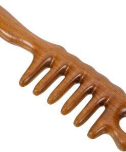 Healvian Peigne de Massage Cuir Chevelu en Bois Marron à Dents Larges, Portable Manche Long, Outil pour Massage Tête et Soins Capillaires à Domicile