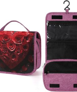Trousse de toilette en forme de cœur avec rose rouge pour homme et femme, crochet de suspension portable, trousse de maquillage pour accessoires, shampooing, conteneur pleine grandeur