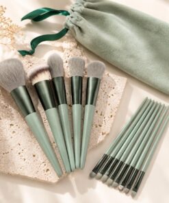 Greenery Lot de 13 pinceaux de maquillage à poils doux pour le visage et les yeux avec pochette de rangement à cordon de serrage, ensemble complet d'outils de maquillage quotidien pour débutants, vert