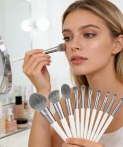 Lot de 10 pinceaux de maquillage professionnels pour débutants pour le visage et les yeux (gris argenté)
