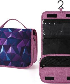 Trousse de toilette géométrique violette pour homme et femme, trousse de maquillage portable à crochet de suspension, trousse de maquillage pour accessoires, shampooing, conteneur pleine