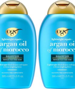 OGX Shampooing Weightless Hydration + Argan Oil of Morocco (bouteille de 385 ml) – Shampoing léger pour ne pas alourdir les cheveux – Soin cheveux hydratant sans sulfate (Lot de 2)