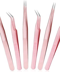 Mudder Lot de 6 pinces à épiler de précision en acier inoxydable pour extensions de cils - Pointe droite et incurvée - Pour application de faux cils (or rose)
