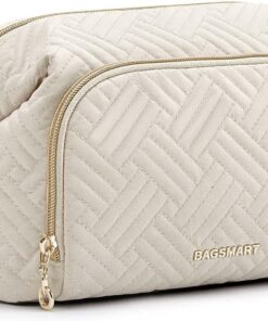 BAGSMART Trousse de maquillage de voyage, trousse de maquillage, grande poche à large ouverture pour femme, sac à main pour articles de toilette, accessoires et pinceaux, beige, Small
