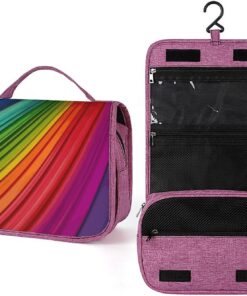 Trousse de toilette à rayures arc-en-ciel pour homme et femme, sac de maquillage portable à crochet de suspension, trousse de maquillage pour accessoires, shampooing, conteneur pleine