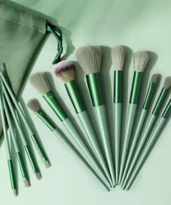 Lot de 13 pinceaux de maquillage professionnels - Poils synthétiques doux pour le visage et les yeux, poudre, blush, fond de teint et estompage (vert)