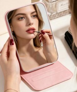 Miroir de maquillage pliable et portable rose - Miroir de courtoisie de voyage compact - Petit outil cosmétique personnel pour sac à main, dortoir, bureau - 10,4 x 7,9 cm (lot de 1)