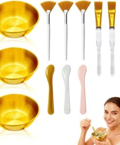 Lot de 12 accessoires pour l'esthéticienne : 3 bols dorés pour le visage, applicateurs de masque de boue, 3 pinceaux en forme d'éventail, 3 brosses plates – Bols faciaux esthéticiennes et outils de