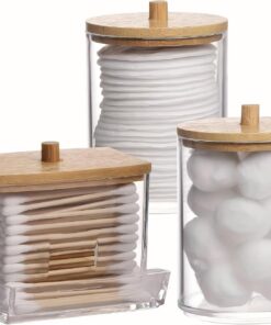 Lot de 3 distributeurs Qtip avec couvercles en bambou transparent pour coiffeuse, maquillage, accessoires de salle de bain