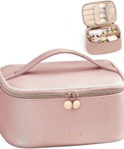 Prite Trousse de Maquillage Femme avec Support à Pinceaux, Rose, Standard | Trousse de Toilette, Vanity Case, Voyage, Multi-Compartiments, Séparateur Amovible, Poignée Solide, Hydrofuge, Cuir Vegan