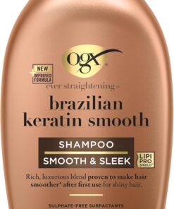 OGX Shampoing Brazilian Keratin Therapy, bouteille de 385 mL | Shampooing lissant à la kératine Brésilienne, Soin capillaire sans parabène et sans sulfates