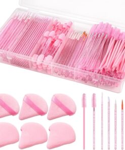 BESARME Lot de 300 applicateurs de maquillage jetables roses avec houppettes triangulaires, applicateurs de lèvres, pinceaux eyeliner, baguettes de mascara, kit de maquillage essentiel avec boîte