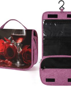 Trousse de toilette pour homme et femme - Motif rose rouge - Portable - Avec crochet de suspension - Trousse de maquillage pour accessoires, shampooing, conteneur pleine grandeur, articles de