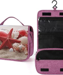 Trousse de toilette pour homme et femme - Motif étoile de mer rouge et coquillages - Portable - Crochet de suspension - Trousse de maquillage pour accessoires, shampooing, conteneur pleine