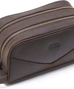 Contacts Homme Trousse de Toilette de Affaires Voyage en Cuir de Vache avec Grande Capacité Double Fermeture Éclair