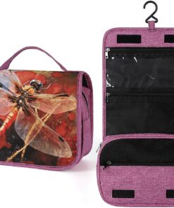 Trousse de toilette libellule rouge pour homme et femme, sac de maquillage portable à crochet de suspension, trousse de maquillage pour accessoires, shampooing, conteneur pleine grandeur