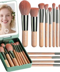 BS-MALL Lot de 14 pinceaux de maquillage de voyage pour fond de teint, poudre, anti-cernes, ombre à paupières, avec miroir lumineux LED, vert