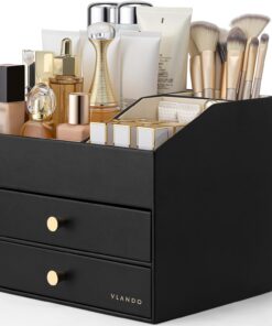 VLANDO Organiseur de maquillage pour coiffeuse, organisateur de comptoir de grande capacité avec tiroirs, étui de présentation en cuir PU pour rouge à lèvres, brosses, soins de la peau, rangement pour